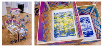 Watershed Reallocation, 2014, plywood, spray paint, 10,000 risograph prints, 12 in. x 12 in. x 12 in. Devon Tsuno