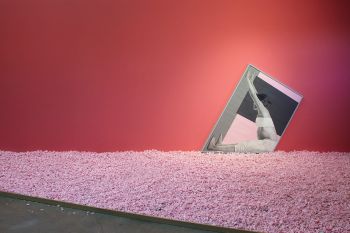 Prithvi #2, 2014, pencil and enamel on paper with shaped frame, 45 x 66 in, installed at Night Gallery, Los Angeles, March 2015 Karl Haendel
