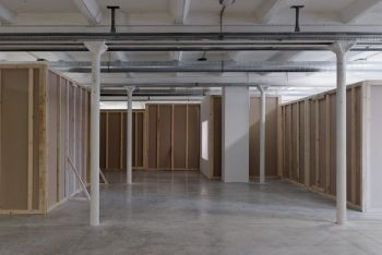Sculpture, 2015, installation interior showing Wildflowers (Fleurs Sauvages), 2015, at Triangle France, Marseille, wood, drywall, exhibition space, 9 ft. x 59 ft. x 79 ft. Margaret Honda