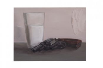 “Gun with Milk”, 2015, Oil on panel, 9 in. x 12 in. Salomón Huerta