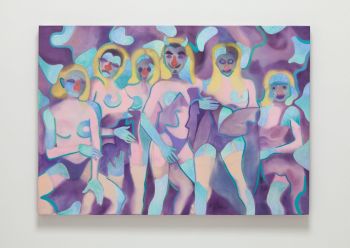 Six Women (Half-Double bed), 2015, acrylic on bed sheet, 37 x 54 inches Max Maslansky
