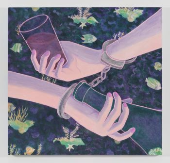 Cuffs (Half twin bed), 2015, acrylic on bed sheet, 39 x 37.5 inches Max Maslansky