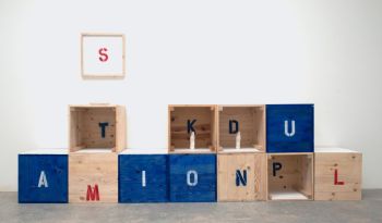 Alphabet Crates, 2012-2015, wooden crates, paint, ceramic birds and plaster pie, 10 ft. x 5 ft. x 22 in. Stephanie Taylor