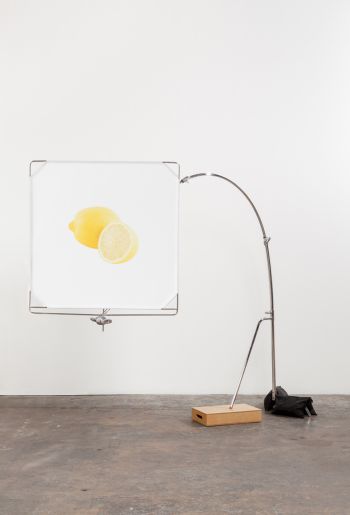 Lemon and a Half, 2015, custom c-stand with flag and apple box, dimensions variable. Kerry Tribe