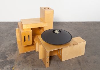 Apple Box Arrangement, Mirage, 2015, parabolic mirrors and iron pyrite with apple boxes, 45” x 40” x 32” Kerry Tribe