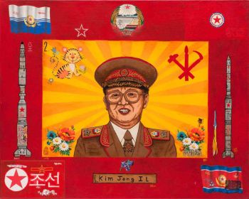 Kim Jong Il: The Dear Leader Smiles # 2, 2010, enamel on board with decals, 16 in. x 20 in. Jeffrey Vallance