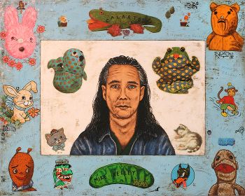 Mike Kelley: Artist and Friend, 2011, enamel on board with decals, 16 in. x 20 in. Jeffrey Vallance