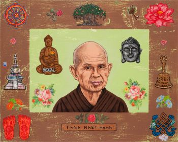 Tich Nhat Hanh: Zen Master, 2011, enamel on board with decals, 16 in. x 20 in. Jeffrey Vallance