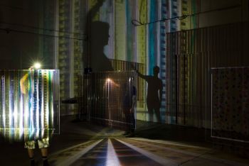 Flashlight Filmstrip Projections, 2014, Plexiglas, 35 and 70mm filmstrips, ink, flashlights
Installation view: PICA TBA Fest 2014, Portland, OR, Photo: Evan La Londe, Commissioned project Jennifer West