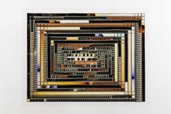One Mile Film Quilt, 2015, 35mm print and negative filmstrips, dirt,thread, archival inkjet print, 40 x 52 inches, Installed in solo exhibition, “Spirals, Salt and The Pill”, Marc Foxx Gallery, 2013, Photo: Robert Niedemeyer Jennifer West