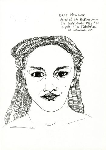 Bree Newsom, from the Criminal Women series, 2015, pen on paper, 8,5 in. x 11 in. Carolina Caycedo