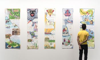 Watu, Yaqui, Yuma, Elwha, Iguacu, 2016, marker, pen and ink on canson paper, 2 pieces 17 in. x 60 in., 3 pieces 26 in. x 60 in. Carolina Caycedo