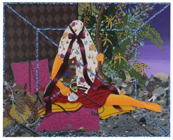 Dear Whisperer, 2016, acrylic and collage on paper mounted to canvas, 5 ft. x 4 ft. Amir H. Fallah