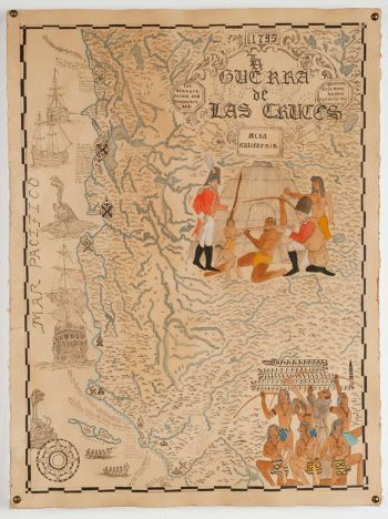 Map of Alta California before the discovery of gold (antes de oro), 2016, acrylic, ink, coffee and tea, on paper, 30 X 22” Umar Rashid