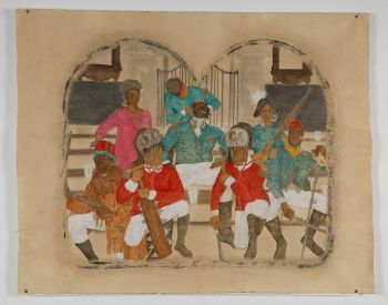 If the New World were mine. Vandrossing in Califas. Sitting, and sipping on that stoop like there was no tomorrow, right before we burned that shit to the ground., 2016, acrylic, ink, coffee and tea, on paper, 45” X 57” Umar Rashid