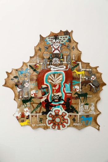 The Cosmology of Colonialism. Codex Cortez., 2016, acrylic, and graphite on elk hide, approx. 4.5 X 4’ Umar Rashid