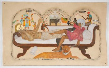 The death of Aurelio in the presence of the gods. Or, the new Pygmalion. My creator’s death is giving me so much life. (El mundo es tuyo), 2016, acrylic, ink, coffee and tea, on paper, 52” X 67” Umar Rashid
