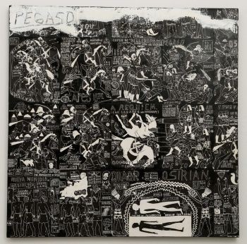 Pegaso, as inspired by San Juan Miguel. (The Battle of Los Angeles), 2016, acrylic and ink on canvas., 4’ X 4’ Umar Rashid