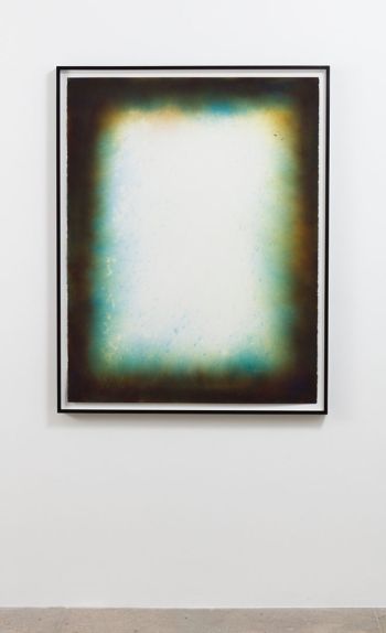 Non-Lethal Powder Drawing #9, 2016, non-lethal round casings, powder, black gesso on paper, and plexiglas frame, 42 x 72 inches Aaron Sandnes