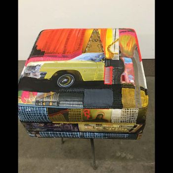 Ottoman Empire Series - Low-riders, 2016, mixed media on vintage ottoman, 12" x 25" x 25". Jaime Scholnick