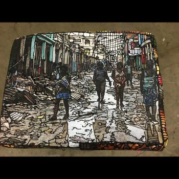 Ottoman Empire Series-street scene, Haiti flood, 2017, mixed media on vintage ottoman, 12.5" x 15.5" x 12". Jaime Scholnick