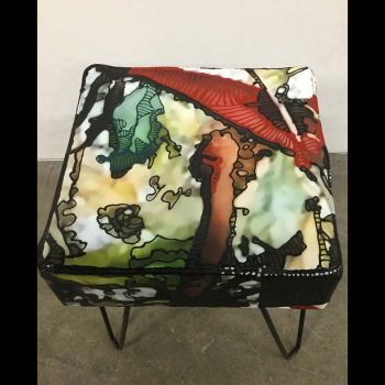 Ottoman Empire Series- The Bloody Glove, 2017, mixed media on vintage ottoman, 11" x 10.5" x 10". Jaime Scholnick