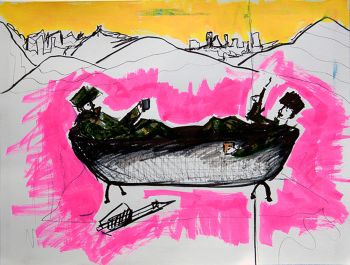 The Talk, 2016, mixed media, acrylic on paper, 30 in. x 22 in. Shagha Ariannia