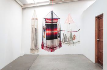 Cosmotarrayas, 2016; 2016; fishing nets, instruments, wood, wool and leather; 30 in. x 25 in. Carolina Caycedo
