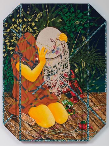 Holding the Unraveled Diary; 2015; acrylic, colored pencil, collage and oil on canvas; 4 ft. x 3 ft. Amir Fallah