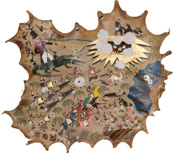 The Siege of Santo Domingo; 2012; acrylic on deer hide; 3 ft. x 4 ft. Umar Rashid
