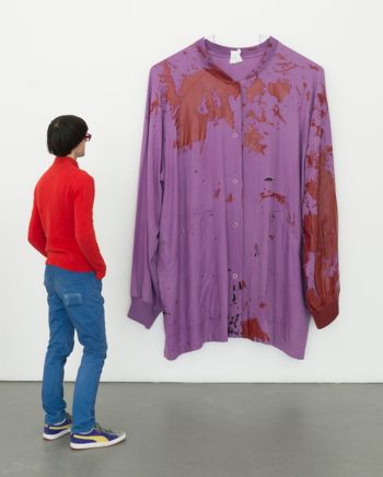 UNTITLED SMOCK (ACCIDENT); 2014, dyed linen, hand knitted linen, cotton polyester, thread, he; 84 in. x 60 in. x 5 in. Amanda Ross-Ho