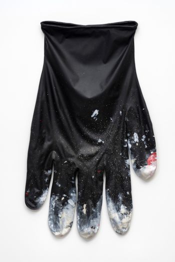 BLACK GLOVE LEFT #2; 2015; stretch cotton sateen, acrylic, cotton piping, armature wire; 70 in. x 42 in. x 3 in. Amanda Ross-Ho