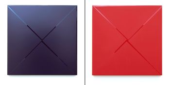 Death Marks the Spot (Left- RR Wraith / Right - LaFerrari); 2015; automotive paint on wood panel; 60 in. x 60 in. x 1.75 in. Aaron Sandnes