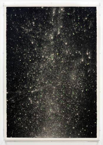 Non-lethal Tactical Round Powder Drawing #1; 2016; non-lethal round casings, powder, gesso, paper, acrylic; 60 in. x 42 in. Aaron Sandnes