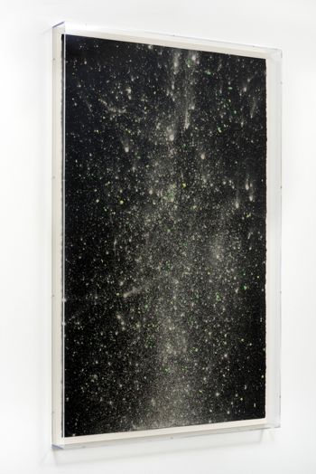 Non-lethal Tactical Round Powder Drawing #1 (detail); 2016; non-lethal round casings, powder, gesso, paper, acrylic; 60 in. x 42 in. x 3 in. Aaron Sandnes
