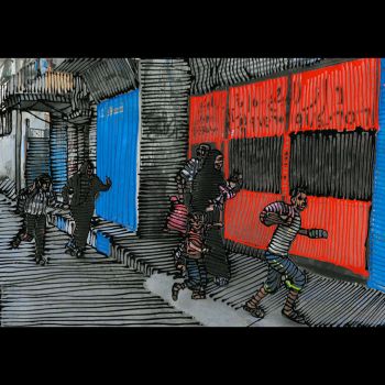 Mowing the Lawing, GAZA 08; 2014; mixed media on panel; 7.5 in. x 11 in. Jaime Scholnick
