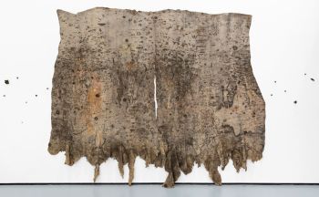 City Bus Memorial (Fig. and Ave. 60, Los Angeles, CA); 2016; rubber, sulfur, tree residue, paint residue, resin, ceramic on linen; 168 in. x 108 in. 6 in. Eddie Rodolfo Aparicio