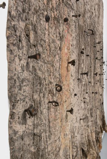 City Bus Memorial (Fig. and Ave. 60, Los Angeles, CA); 2016; rubber, sulfur, tree residue, pain residue, resin, ceramic on linen; 168 in. x 108 in. 6 in. (detail) Eddie Rodolfo Aparicio
