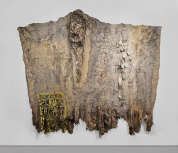 Cubia El Viernes (11th St. and Union St., Los Angeles, CA); 2017; rubber, sulfur, tree residue, pain residue, cardboard; cactus leaves on cotton; 96 in. x 123 in. Eddie Rodolfo Aparicio