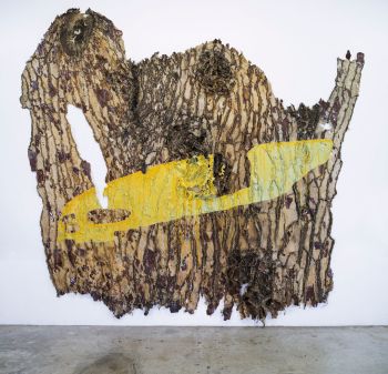 Holbein En Crenshaw (Washington Blvd. and Crenshaw Blvd., Los Angeles, CA); 2018; rubber, sulfur, tree and paint residue, wood glue, found cloths, found comforter, acrylic, latex paint on cotton; 138 in. x 150 in. x 5 in. Eddie Rodolfo Aparicio