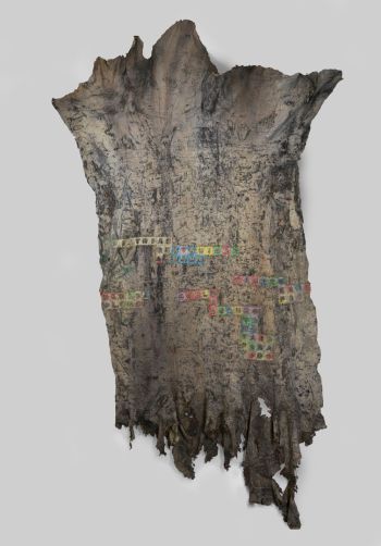 Huelo a Color de Miel Robado (Crenshaw Blvd. and Washington Blvd., Los Angeles, CA); 2016; rubber, sulfur, tree residue, plant residue, foam on cotton; 126 in. x 46 in. Eddie Rodolfo Aparicio