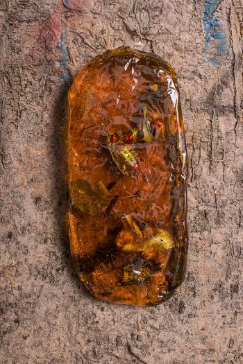 Si Te Dan Problemas Decirle Que Vengan Hablar Conmigo. Mi Nombre Es Paul y Vivo Alli; 2018; rubber, tree residue, paint residue, found gum, pine gum, found debris on canvas; 122 in. x 92 in. (detail) Eddie Rodolfo Aparicio