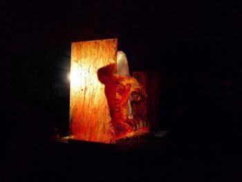 Self-Obliteration; 2011; performance; blonde wigs, blood action, four panes of glass Ron Athey