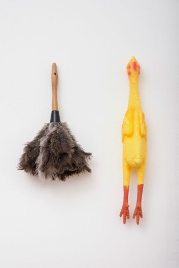 Feather Duster and Rubber Chicken; 2018; feather duster, rubber chicken; 19 in. x 15 in. x 8½ in. Gary Cannone
