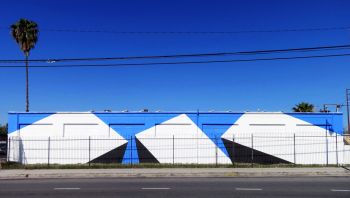 Three; North Hollywood, CA; 2015; acrylic on concrete building facade and windows; 188 in. x 1618 in. Tofer Chin