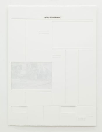 August 10, 2018; 2018; collage and acetone transfer on hand-cut watercolor paper; 30 in. x 22 in. Yasmine Diaz