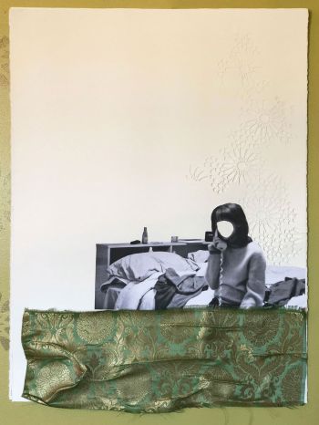 Call Waiting; 2018; collage and woven satin damask on hand-cut watercolor paper; 22 in. x 30 in. Yasmine Diaz
