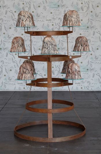 L12 (Duchamp Party); 2001; installation at Aran Cravey Gallery; Los Angeles; steel, ceramic, acrylic discs; 63 in. x 36 in. x 36 in. Phyllis Green