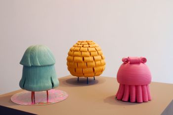 Spinning Heads; 2011; installation at Ben Maltz Gallery, Otis College of Art and Design; ceramic, acrylic paint, each 12 in. x 8 in. x 8 in. Photo by Ave Pildas Phyllis Green