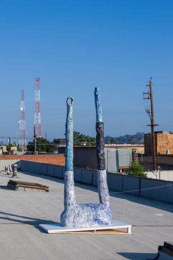 Blob With Arms (installation view); 2015; part of the Sculptures on the Roof exhibition, Los Angeles; ceramic; 98 in. x 38 in. x 21.5 in. Julia Haft-Candell